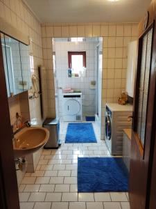 a bathroom with a sink and a washing machine and blue rugs at Gästeunterkunft Gangkofen in Gangkofen