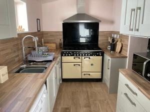 een keuken met een fornuis en een wastafel bij Pebble Lodge in Paignton