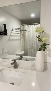 a bathroom sink with a vase with a flower in it at unit #303 Mountain view 1BR in Canmore DownTown in Canmore
