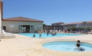 un groupe de personnes dans une piscine dans l'établissement Agréable maison de vacances, à Gallargues-le-Montueux