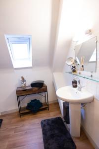 ein Bad mit einem Waschbecken und einem Spiegel in der Unterkunft Nessmann in Sarlat-la-Canéda