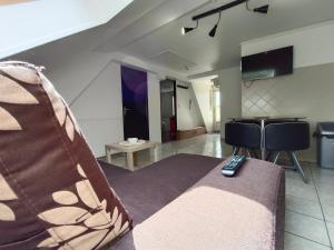 salon z kanapą z pilotem w obiekcie Gite BA 3 w Épernay
