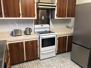 a kitchen with a white stove and a refrigerator at Seaview Cottage in Oamaru