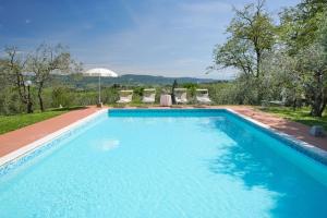 Una gran piscina azul con sillas y árboles. en Villa I Leoni, en Montespertoli