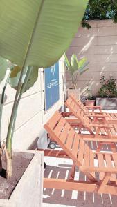 two wooden benches sitting next to a building at Aleppo Hotel in Yerevan