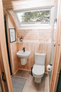 een kleine badkamer met een toilet en een wastafel bij Eastfield Glamping Farm in Spennithorne