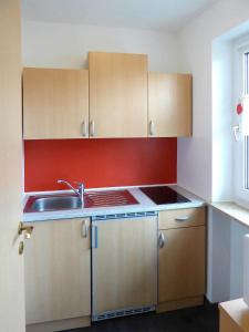 a kitchen with wooden cabinets and a sink at Ferienwohnung in Kempten am Stadtweiher in Kempten