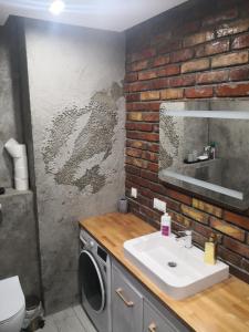 y baño con lavabo y lavadora. en IGO-Apartament- 2 sypialnie i Salon, en Suwałki