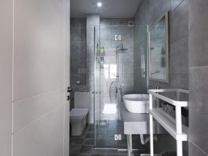 uma casa de banho com um chuveiro, um lavatório e um WC. em Beautiful Athenian apartment next to the center em Atenas