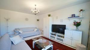 een woonkamer met een blauwe bank en een tv bij Apartamenty Every Sky Nadrzeczna 14 Karpacz in Karpacz
