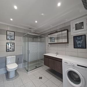 a bathroom with a washing machine and a toilet at Philoxenia Home in Áyios Pétros