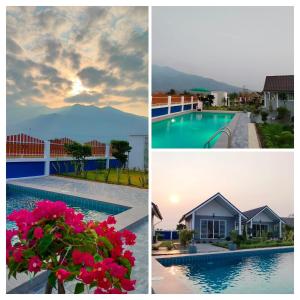 a collage of photos with a pool and flowers at Poonsap Homestay in Nan