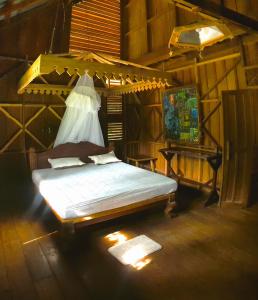 a bedroom with a bed with a canopy and a television at Happy Ria Homestay & Guesthouse in Bukit Lawang