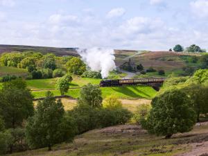 Un train à vapeur traverse un champ dans l'établissement Cruck, à Sinnington