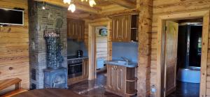a kitchen with a stove in a log cabin at Namukas su ežero pakrante Trakai ,Viesų vila in Salkininkai