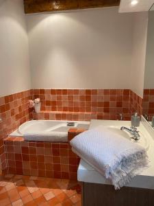 een badkamer met een bad en een wastafel bij Coulonges in Savignac-sur-Leyze