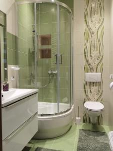 a bathroom with a shower and a toilet and a sink at Trzy Szczęścia in Zielona Góra