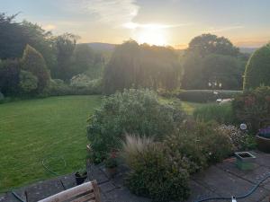 a view of a garden with a bench in a yard at Self catering apartment at Beechwalk House. in Enniskerry