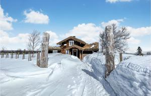 a house is covered in snow with a fence at Awesome Home In Rn With Jacuzzi in Ron