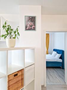 a room with a bed and a table with a potted plant at AZUR Apartment in Timişoara