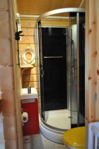 La salle de bains est pourvue d'une douche avec une porte en verre. dans l'établissement Norsk Bjlkehus Med Fjordudsigt, à Hobro