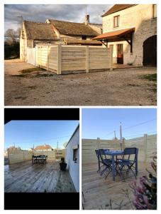 two pictures of a house with a table and a fence at La Chouette Burgonde in Villy-le-Moutier