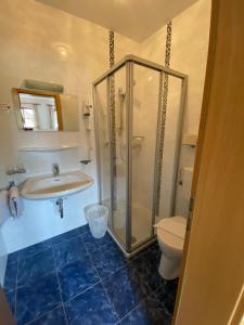 a bathroom with a shower and a toilet and a sink at Gasthof-Pension Kleinhenner in Vorderwölch