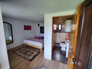 a small bedroom with a bed and a bathroom at Casa Poiana Teiului in Poiana Teiului