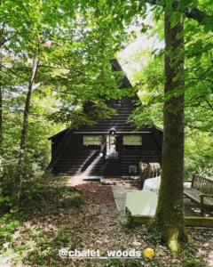 a building with stairs in the middle of a forest at Chalet Woods in Durbuy