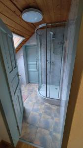 bagno con doccia in una camera con soffitto di Fuchsbauerhof - Ferienwohnung 