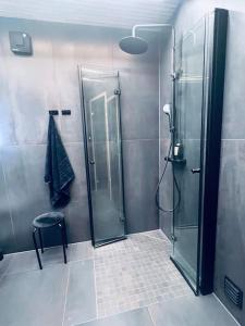 a shower in a bathroom with a glass shower stall at Holiday home with sauna in the Arctic Caribbean, Tromsø in Tromsø