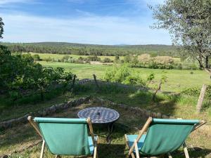 twee stoelen en een tafel met uitzicht op een veld bij Pierre de Lune in Fox-Amphoux
