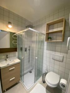 une salle de bains avec douche, toilettes et lavabo dans l'établissement Maison 200m2- 9 chambres avec sdb - 16-18 personnes - séminaire-Proche Centre-Ville-Gare et Arena-terrasse, à Reims
