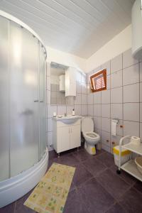 een badkamer met een toilet, een wastafel en een douche bij Studio Apartman Ema in Gornji Karin