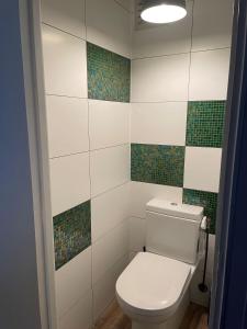 a bathroom with a toilet and green and white tiles at Ocean BreezeApartment: WakeUp 2 Sound of the Waves in Zandvoort