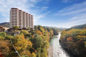un edificio en una colina junto a un río en Hotel Sunshine Kinugawa, en Nikko