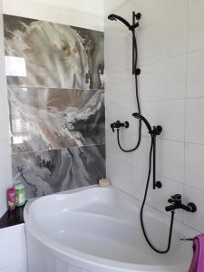 a bathroom with a shower and a white tub at Ferienwohnung Rote-Villa 2 in Marienberg