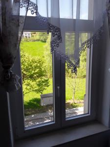 a window with a view of a green yard at Ferienwohnung Rote-Villa 2 in Marienberg