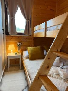 a bedroom with two bunk beds and a window at Zielona Trawa in Bobolin