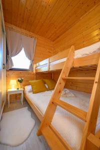 una camera con 2 letti a castello in una cabina di legno di Zielona Trawa a Bobolin