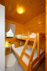 una camera con 2 letti a castello in una cabina di legno di Zielona Trawa a Bobolin