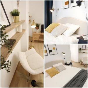 a bedroom with a white bed and a chair at Chic Concept Studio in Bucharest +5 photos