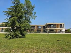 een groot gebouw met een boom ervoor bij Il Diamante Blu-by Goccia di Lago in San Martino della Battaglia