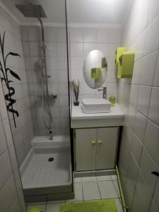 a bathroom with a sink and a shower and a mirror at l'atelier in Parnes