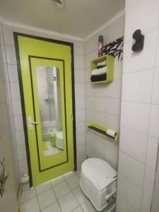 baño con puerta verde y aseo en l'atelier, en Parnes