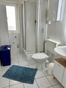 een badkamer met een toilet, een douche en een wastafel bij FeWo Lindenallee in Nordhorn