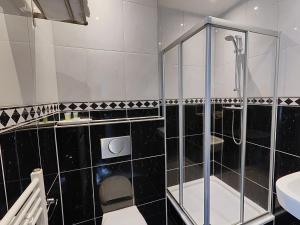 een badkamer met een douche, een toilet en een wastafel bij CN-Hotel in Arnhem