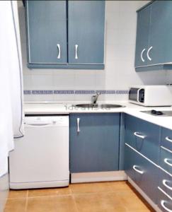 Eine Küche mit blauen Schränken und einem weißen Geschirrspüler in der Unterkunft Villas de Islantilla in Isla Cristina