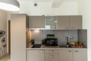 eine Küche mit einer Spüle und einer Mikrowelle in der Unterkunft udanypobyt Apartamenty Smrekowa in Zakopane