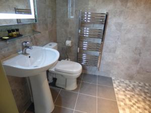 a bathroom with a white toilet and a sink at Cosy Studio Cottage in Lincoln